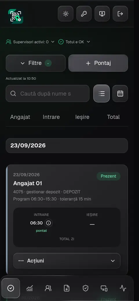 Dashboardul mobil HeyScanMe în tema întunecată